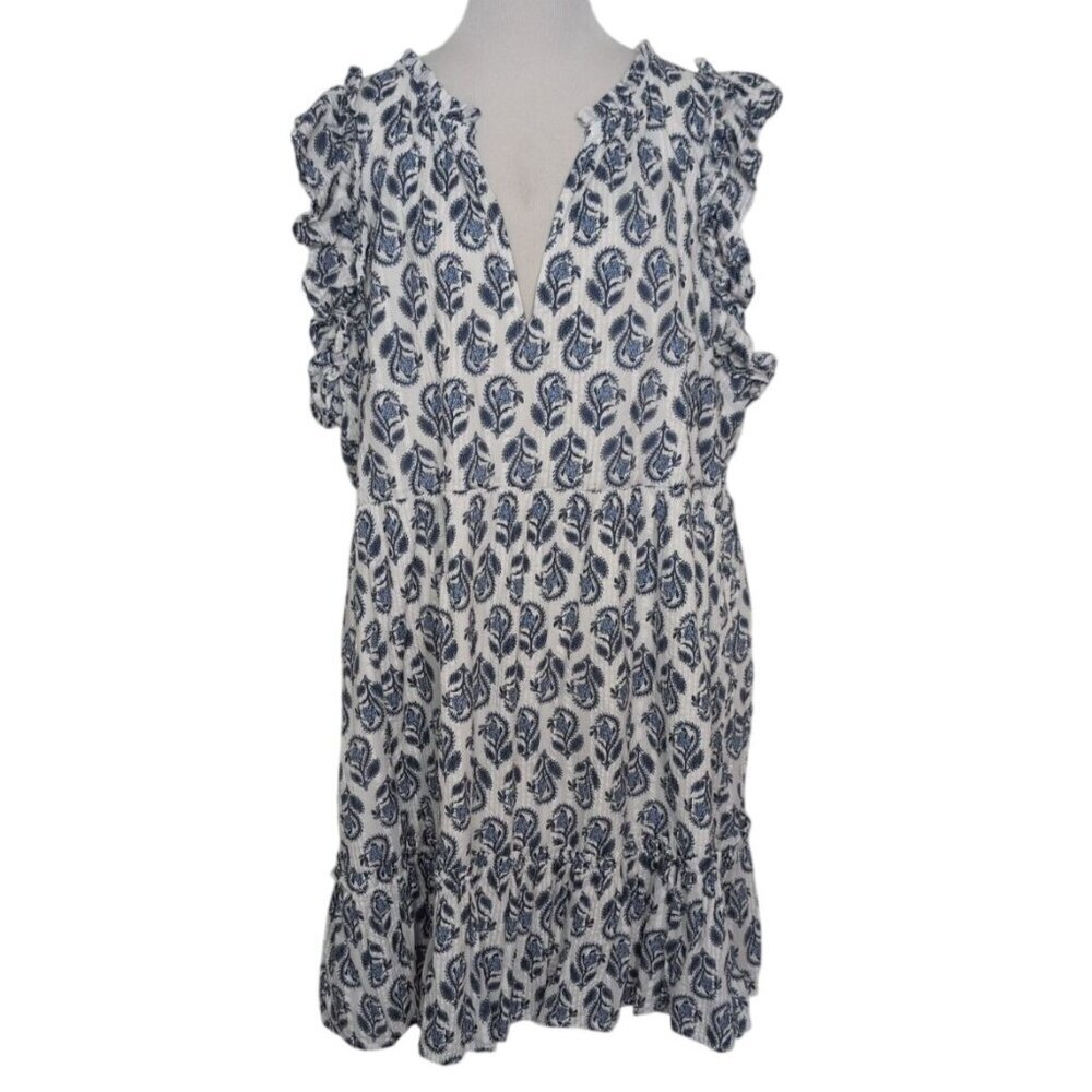 Crown & Ivy Flutter Sleeve Dress Womens Plus Size 3X White Blue Floral V Neck - Picture 1 of 10
